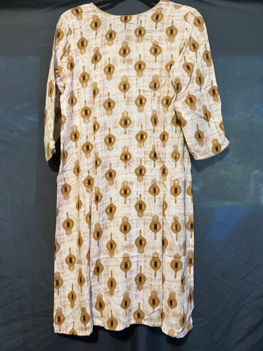 Beige Brown Ikat Print Kurti Womens SM Tunic Top 3/4 Sleeve Handmade